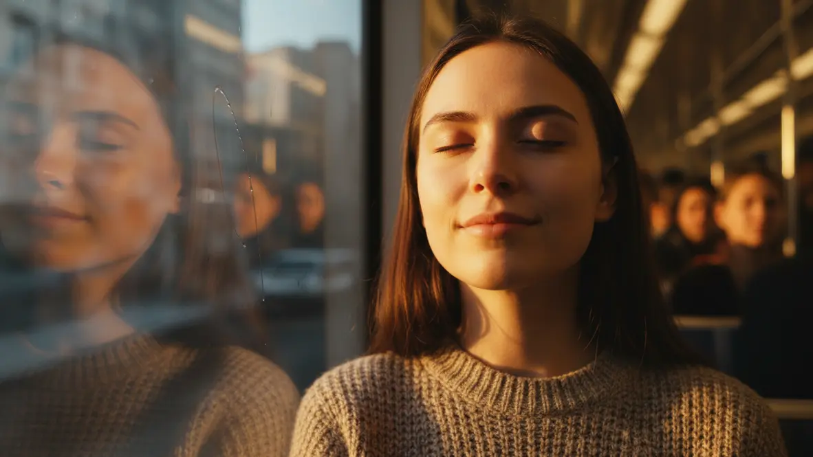 commuter practicing a brief mindfulness exercise on a city train during golden hour, eyes closed, soft light on their face