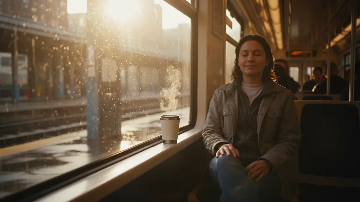Commuter practicing subtle breathwork on a morning train, calm expression, warm light through windows