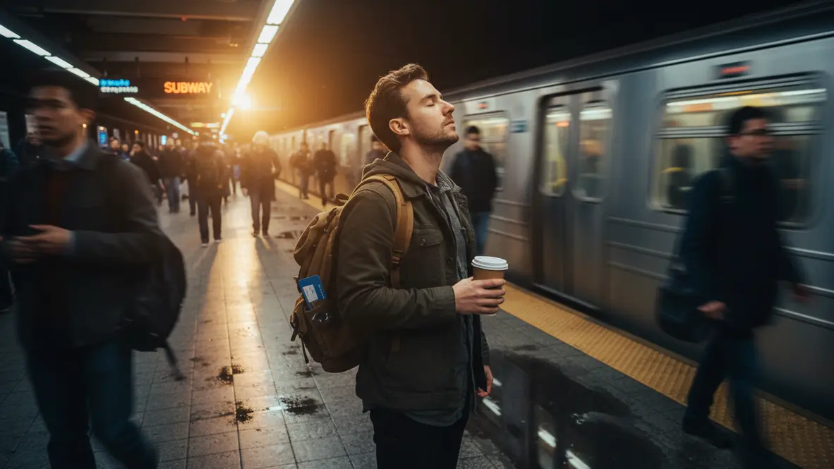 Calm commuter pausing for a breath on a busy subway platform at golden hour, eyes closed briefly, crowd blurred around them
